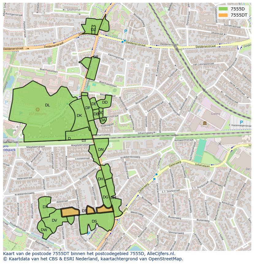 Afbeelding van het postcodegebied 7555 DT op de kaart.
