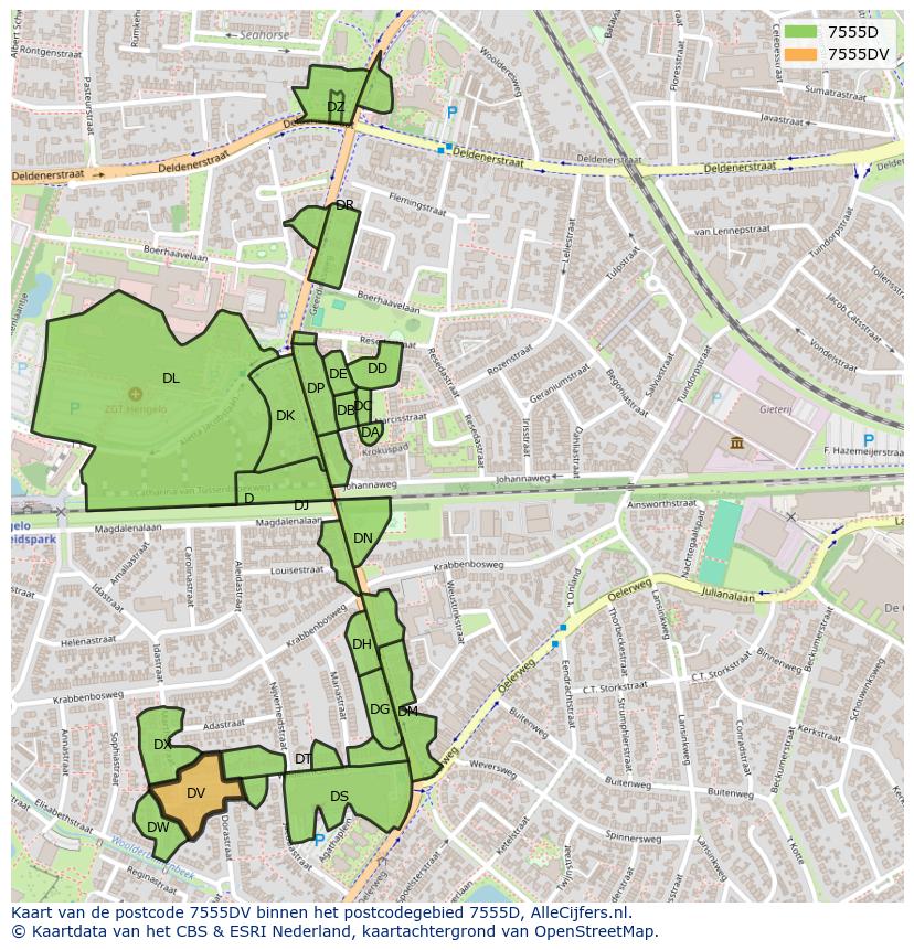 Afbeelding van het postcodegebied 7555 DV op de kaart.