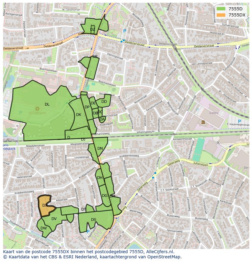 Afbeelding van het postcodegebied 7555 DX op de kaart.