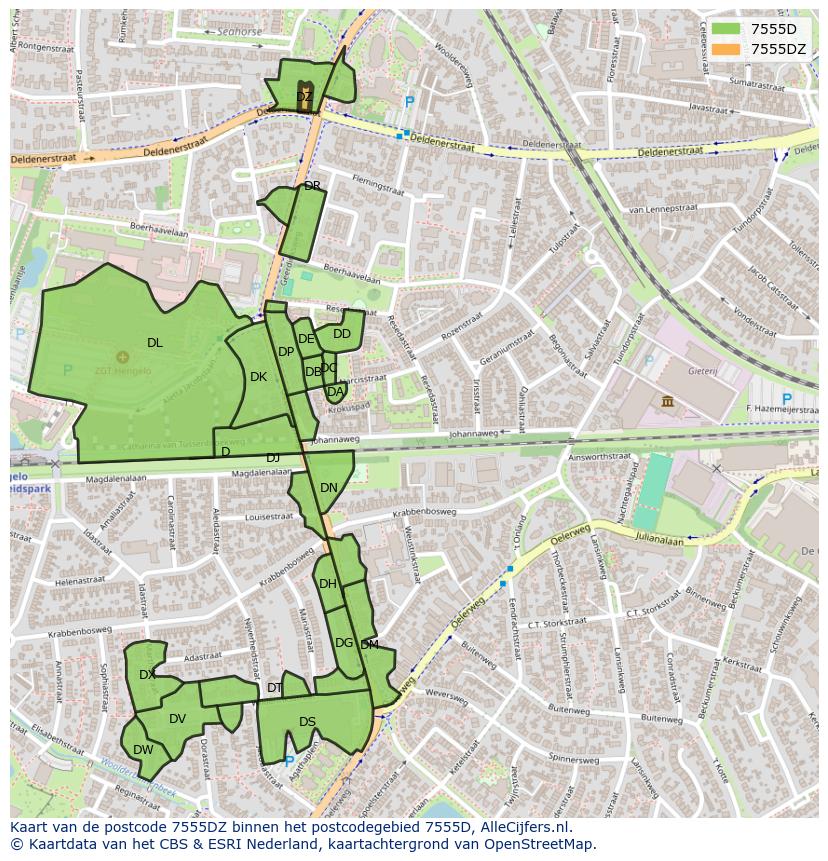 Afbeelding van het postcodegebied 7555 DZ op de kaart.