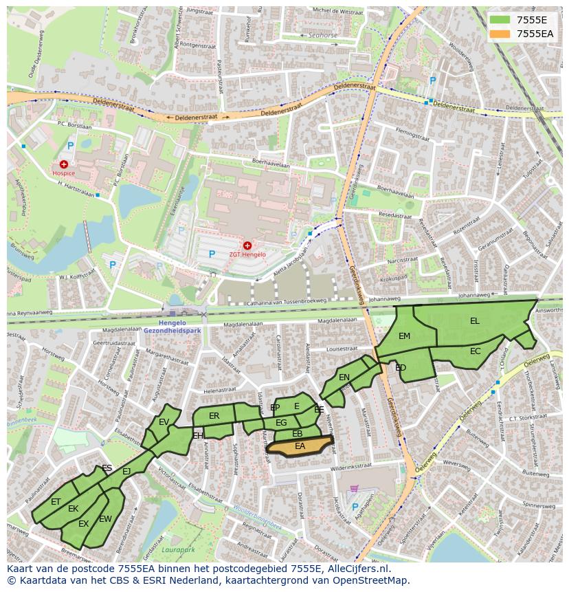 Afbeelding van het postcodegebied 7555 EA op de kaart.