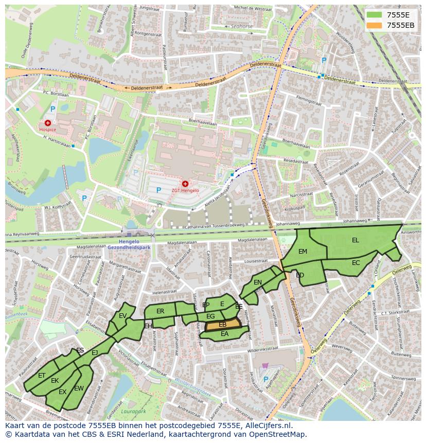 Afbeelding van het postcodegebied 7555 EB op de kaart.