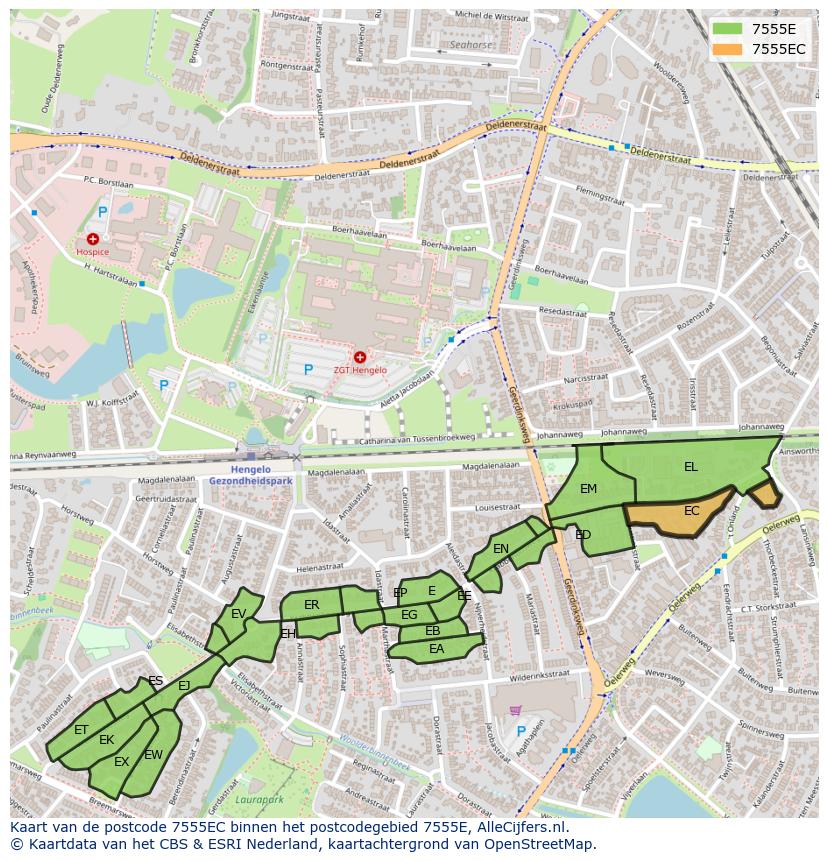 Afbeelding van het postcodegebied 7555 EC op de kaart.