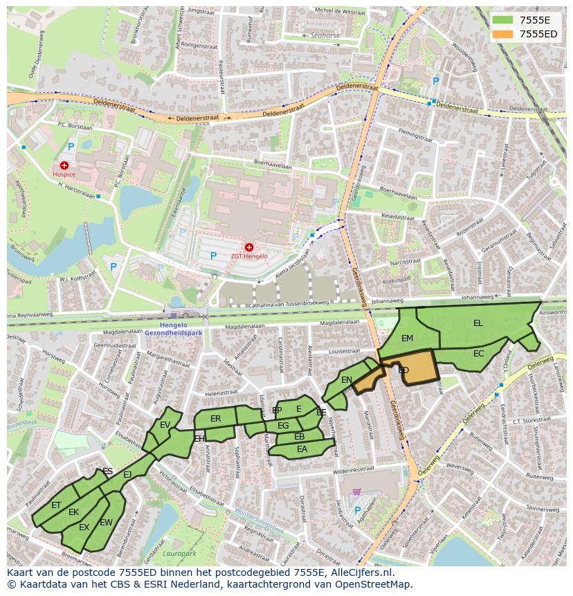 Afbeelding van het postcodegebied 7555 ED op de kaart.