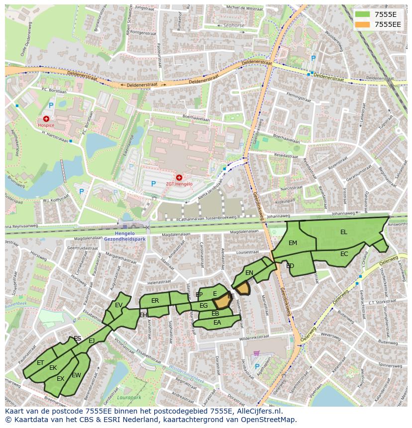 Afbeelding van het postcodegebied 7555 EE op de kaart.