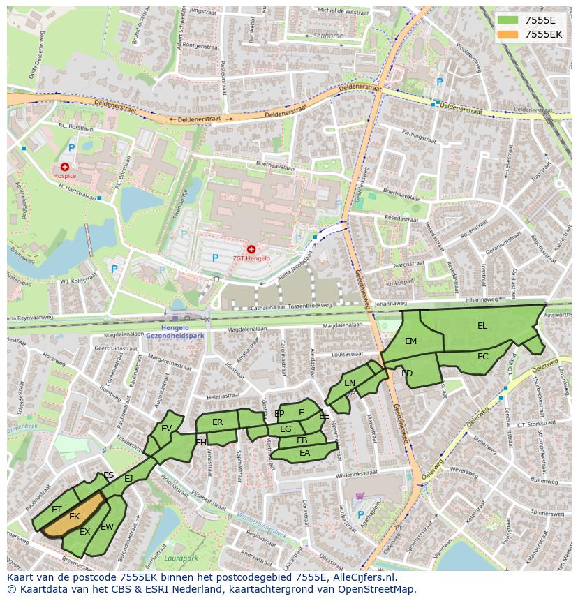 Afbeelding van het postcodegebied 7555 EK op de kaart.