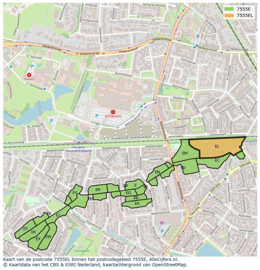 Afbeelding van het postcodegebied 7555 EL op de kaart.