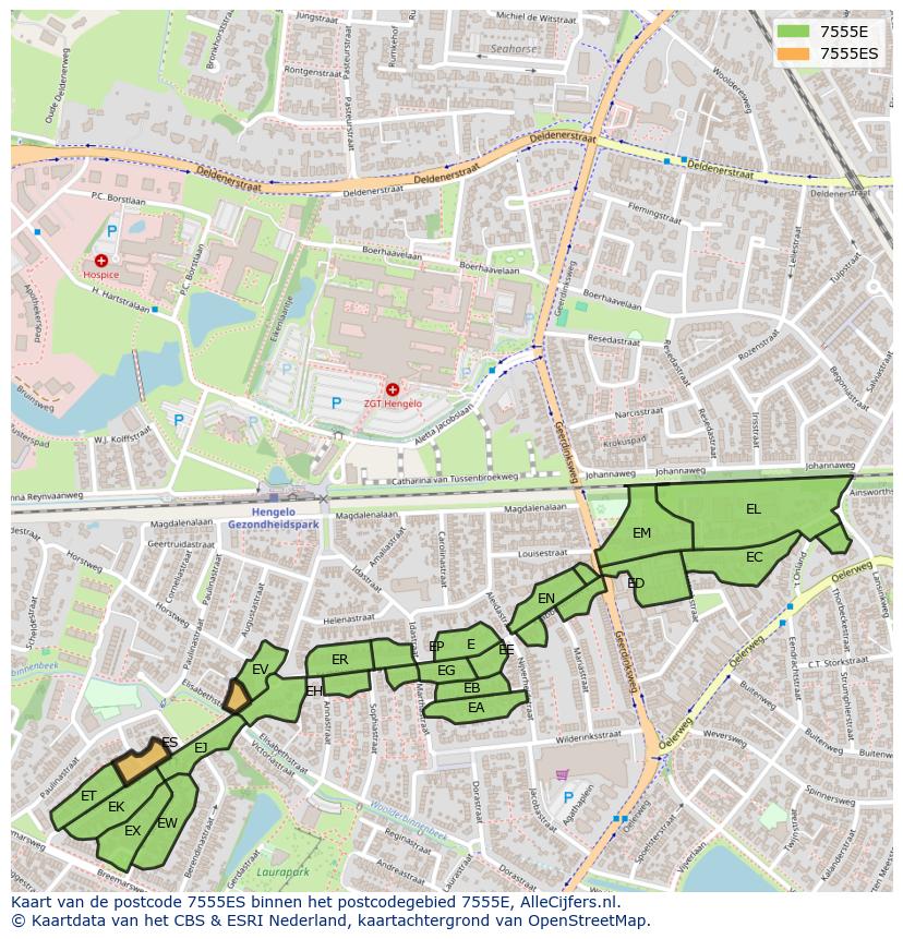 Afbeelding van het postcodegebied 7555 ES op de kaart.