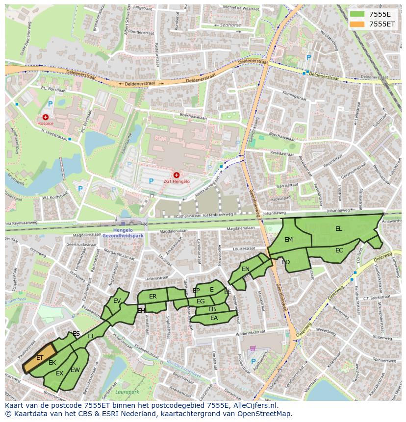 Afbeelding van het postcodegebied 7555 ET op de kaart.