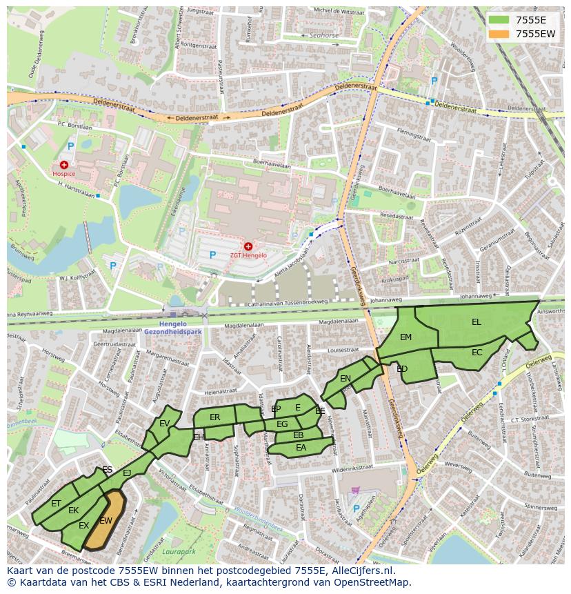Afbeelding van het postcodegebied 7555 EW op de kaart.