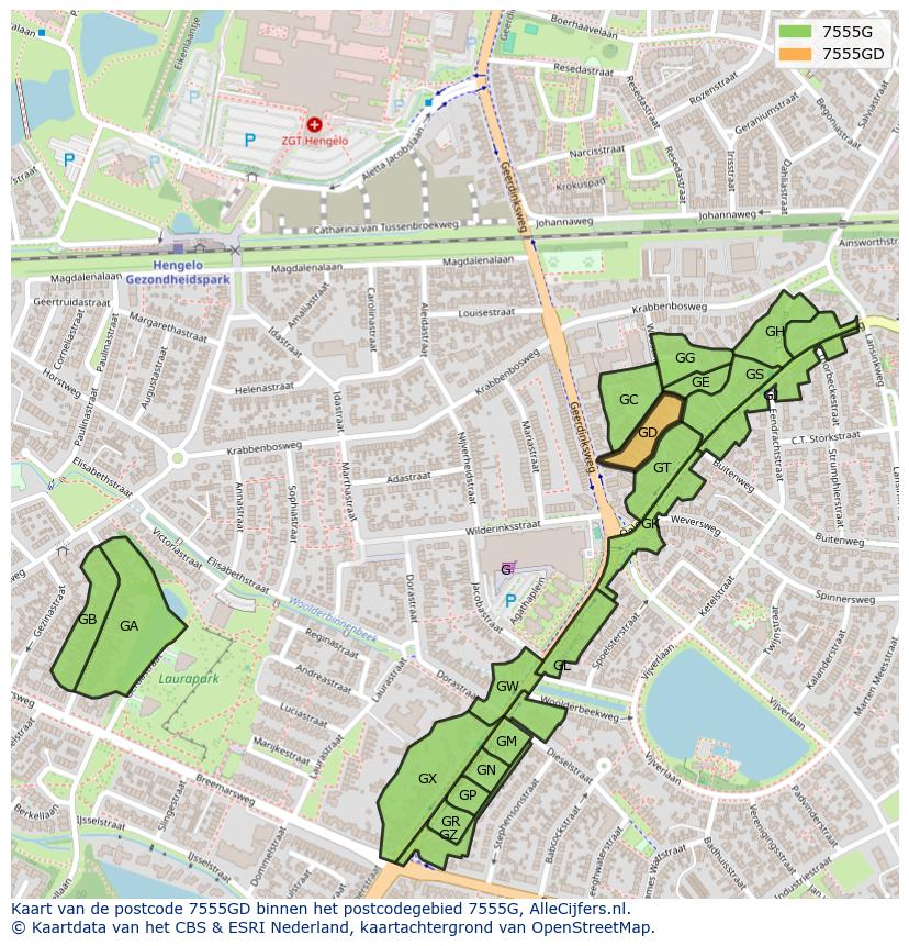 Afbeelding van het postcodegebied 7555 GD op de kaart.