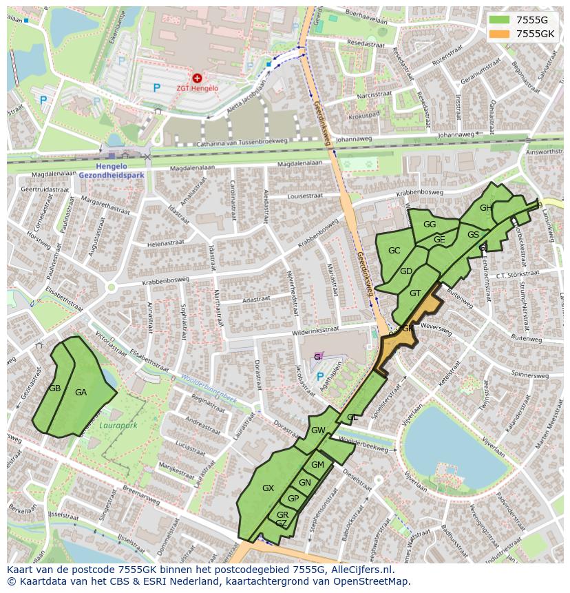 Afbeelding van het postcodegebied 7555 GK op de kaart.