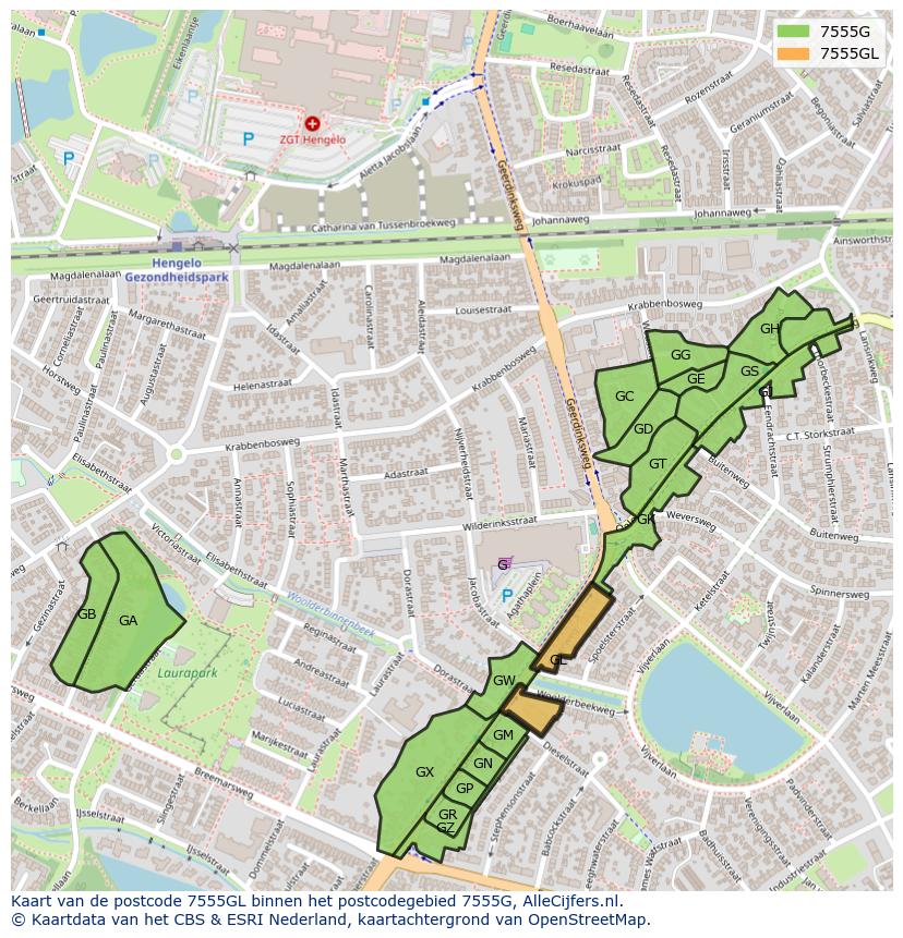 Afbeelding van het postcodegebied 7555 GL op de kaart.