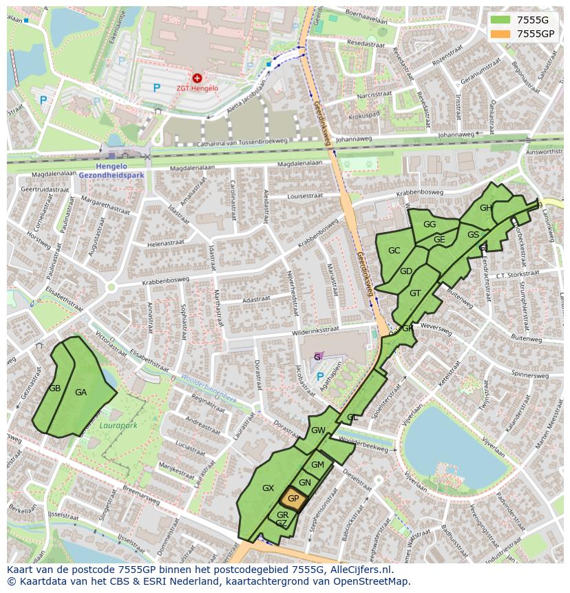 Afbeelding van het postcodegebied 7555 GP op de kaart.