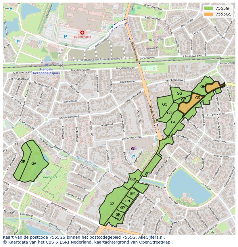 Afbeelding van het postcodegebied 7555 GS op de kaart.