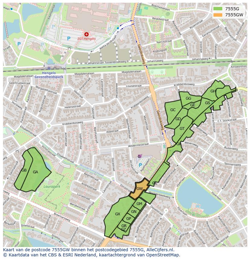 Afbeelding van het postcodegebied 7555 GW op de kaart.