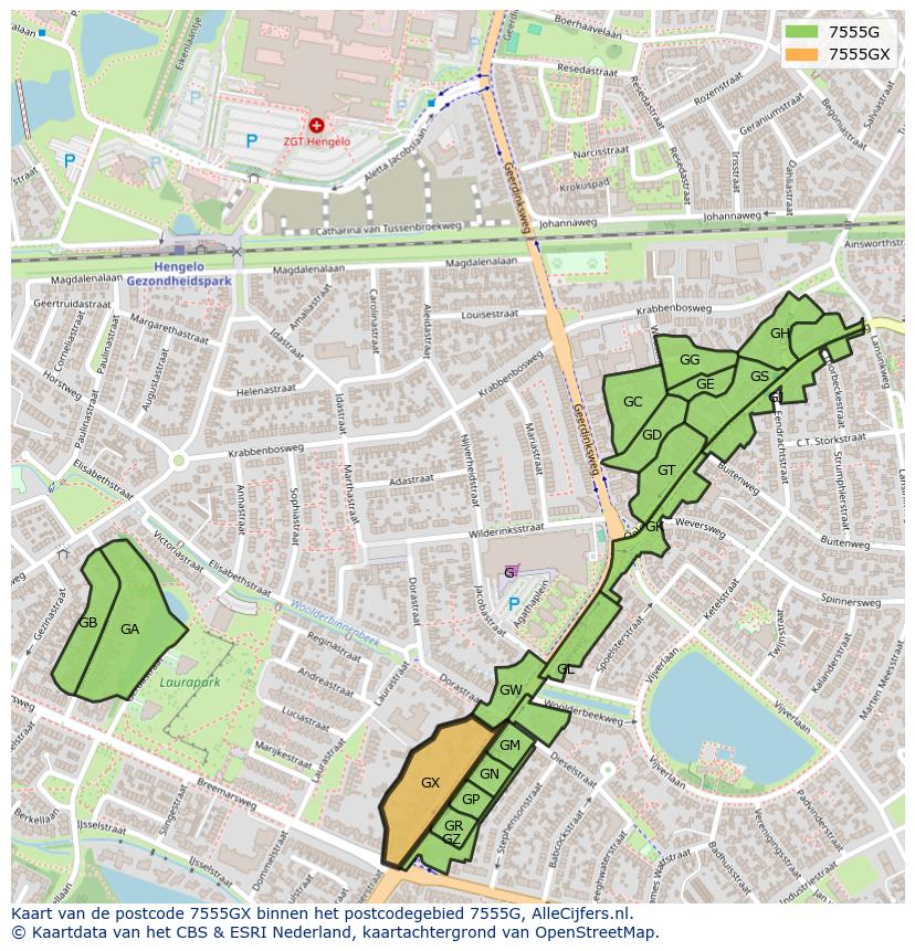Afbeelding van het postcodegebied 7555 GX op de kaart.