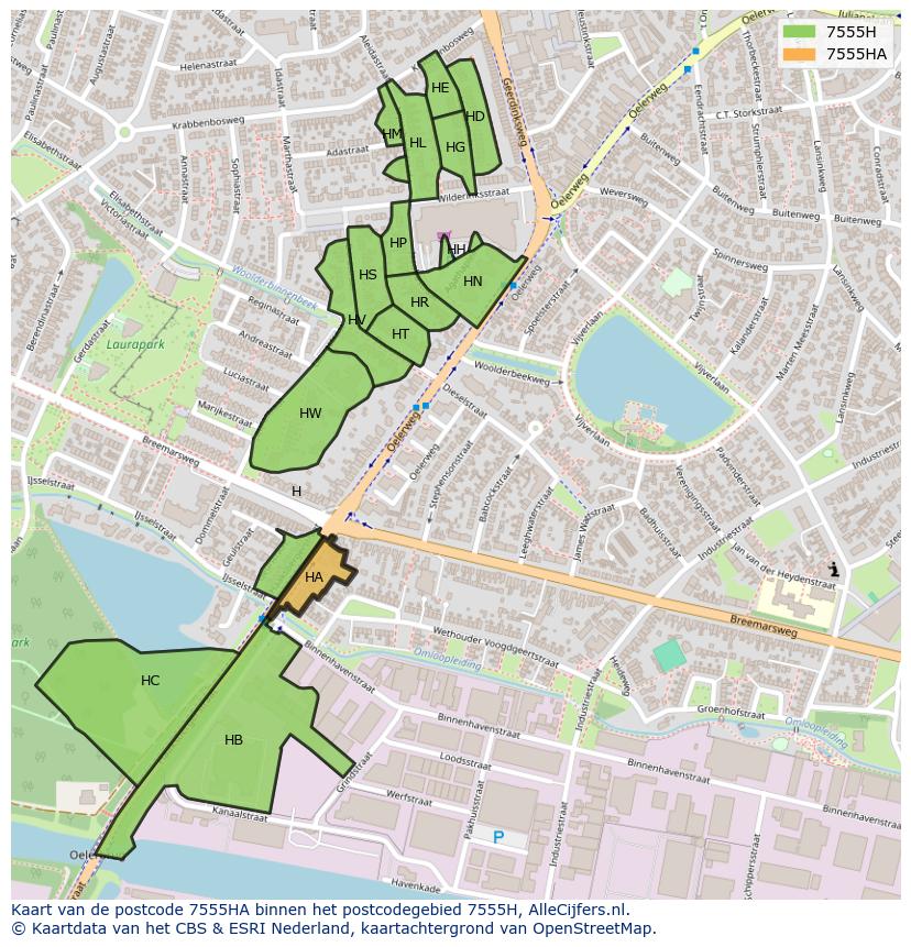 Afbeelding van het postcodegebied 7555 HA op de kaart.