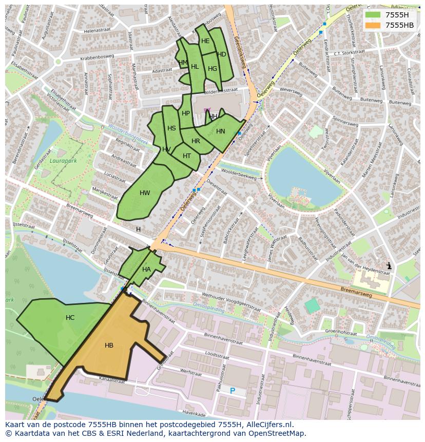 Afbeelding van het postcodegebied 7555 HB op de kaart.