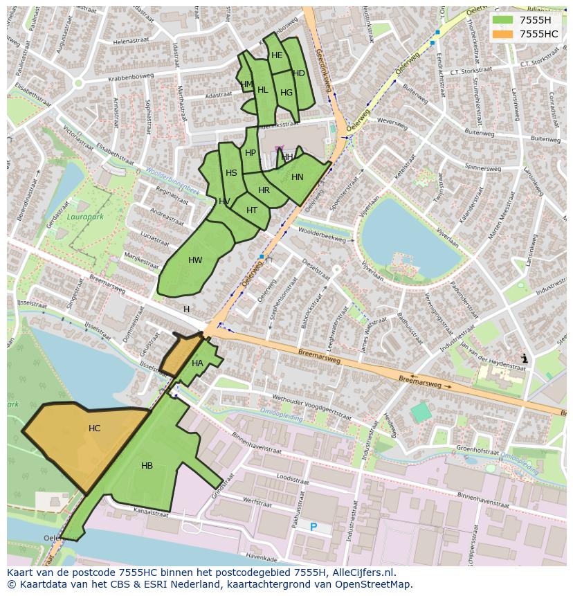 Afbeelding van het postcodegebied 7555 HC op de kaart.