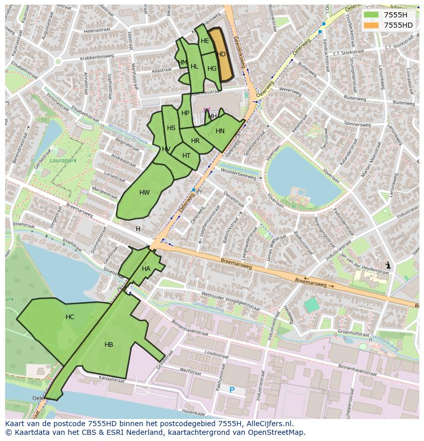 Afbeelding van het postcodegebied 7555 HD op de kaart.