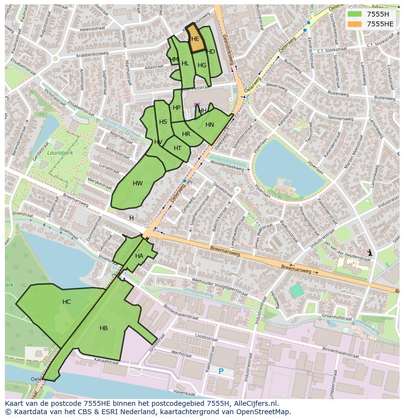 Afbeelding van het postcodegebied 7555 HE op de kaart.