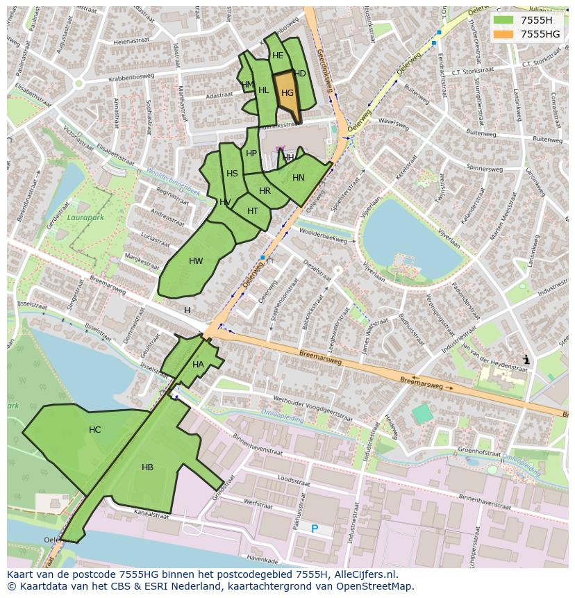 Afbeelding van het postcodegebied 7555 HG op de kaart.