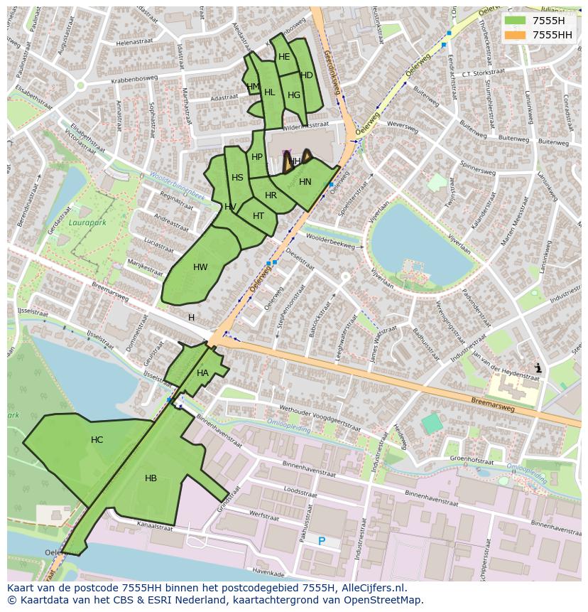 Afbeelding van het postcodegebied 7555 HH op de kaart.