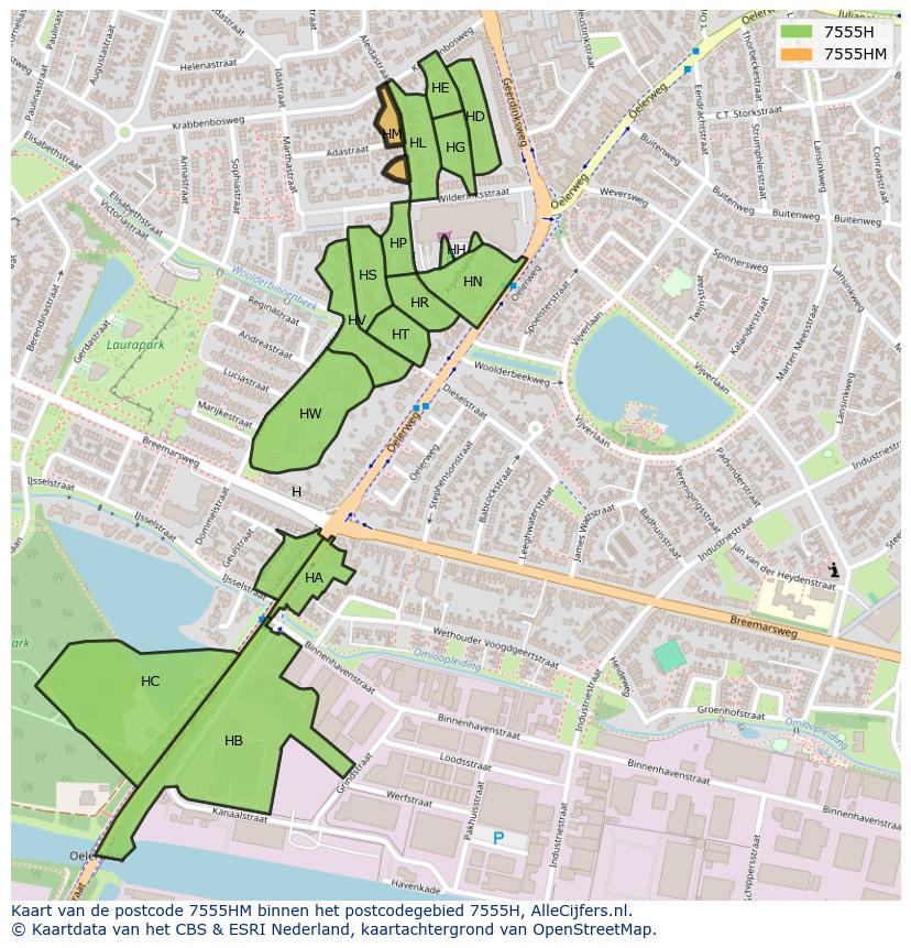Afbeelding van het postcodegebied 7555 HM op de kaart.