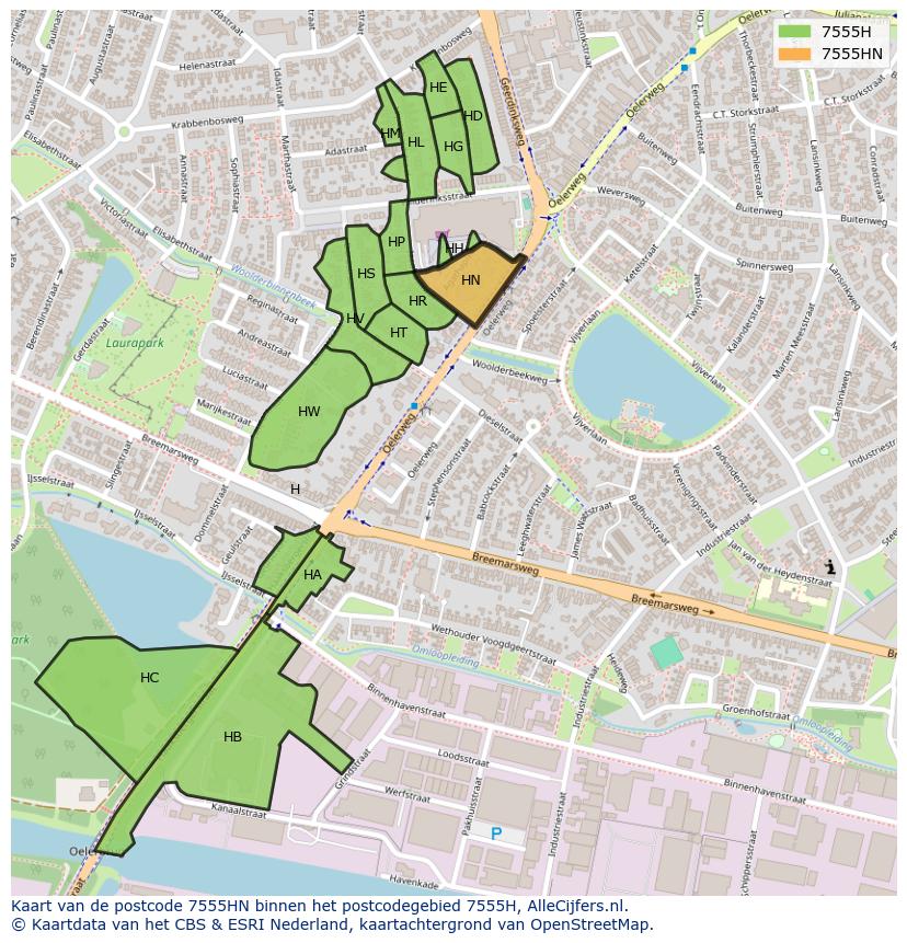 Afbeelding van het postcodegebied 7555 HN op de kaart.
