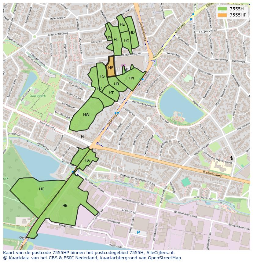 Afbeelding van het postcodegebied 7555 HP op de kaart.