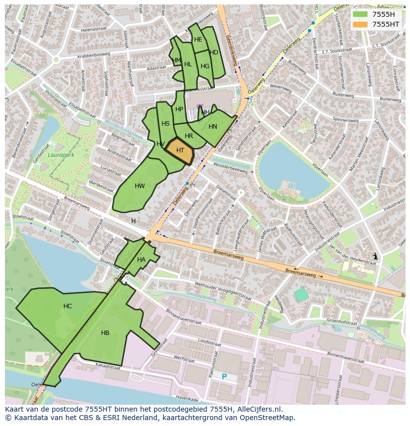Afbeelding van het postcodegebied 7555 HT op de kaart.