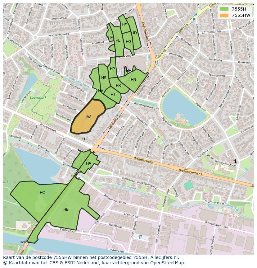 Afbeelding van het postcodegebied 7555 HW op de kaart.