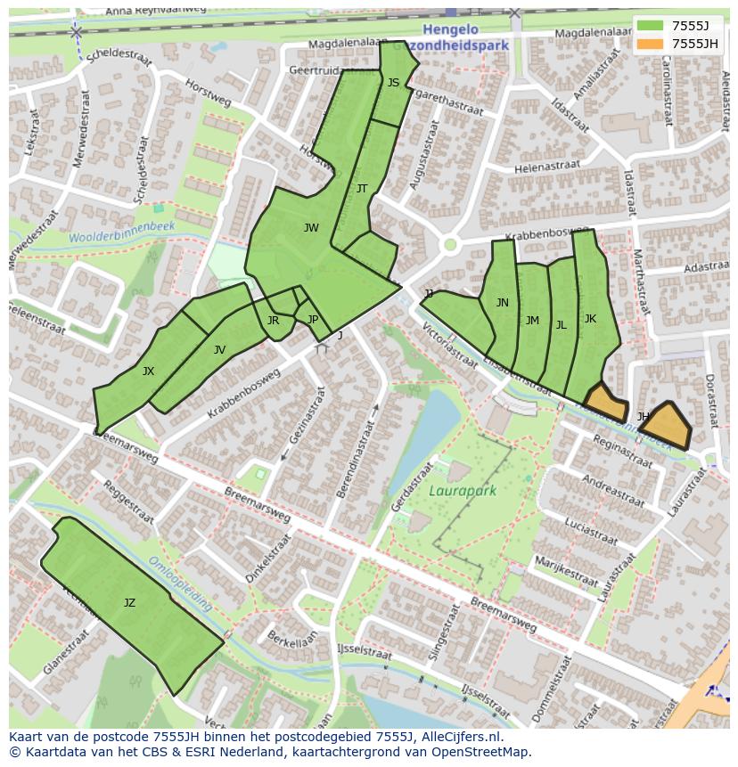 Afbeelding van het postcodegebied 7555 JH op de kaart.