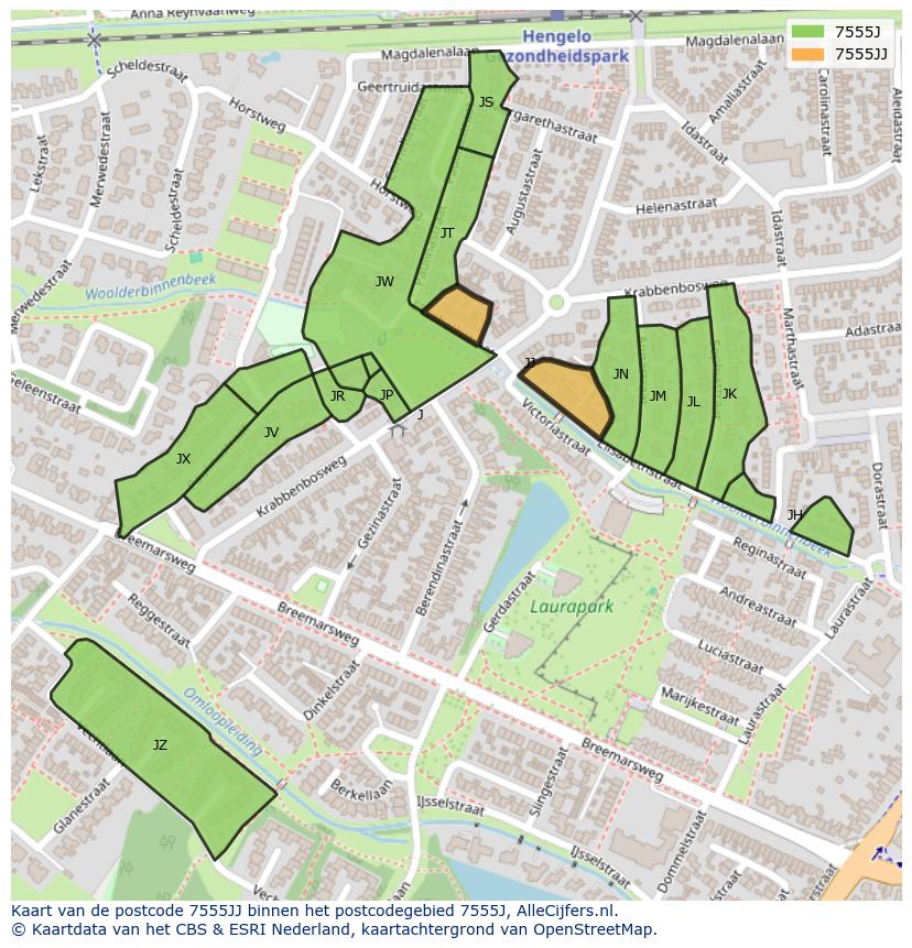 Afbeelding van het postcodegebied 7555 JJ op de kaart.