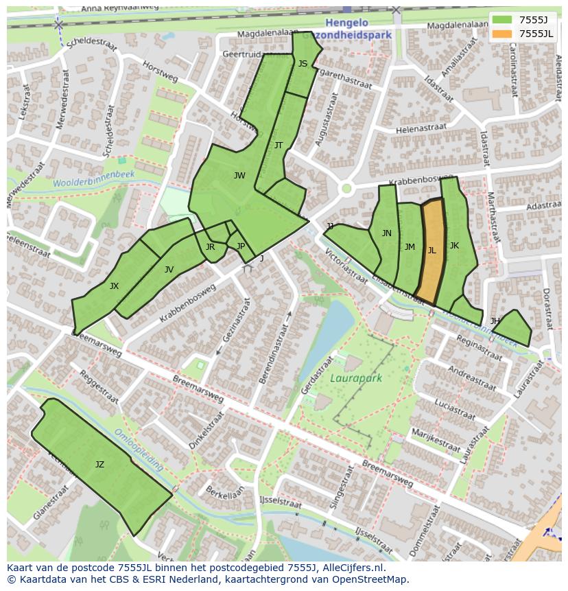 Afbeelding van het postcodegebied 7555 JL op de kaart.