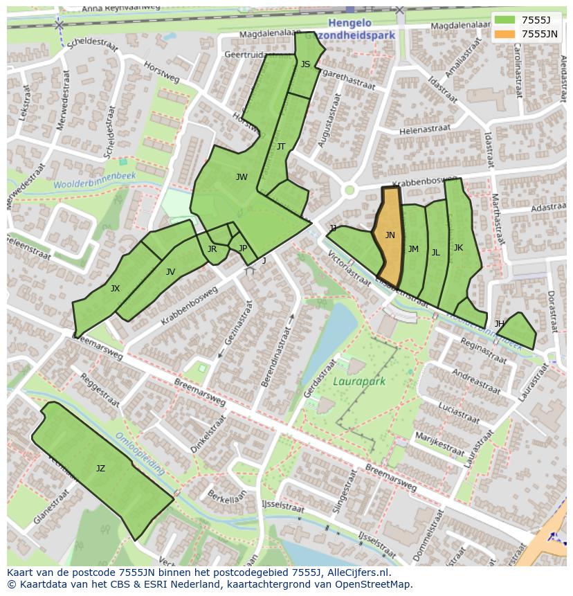 Afbeelding van het postcodegebied 7555 JN op de kaart.