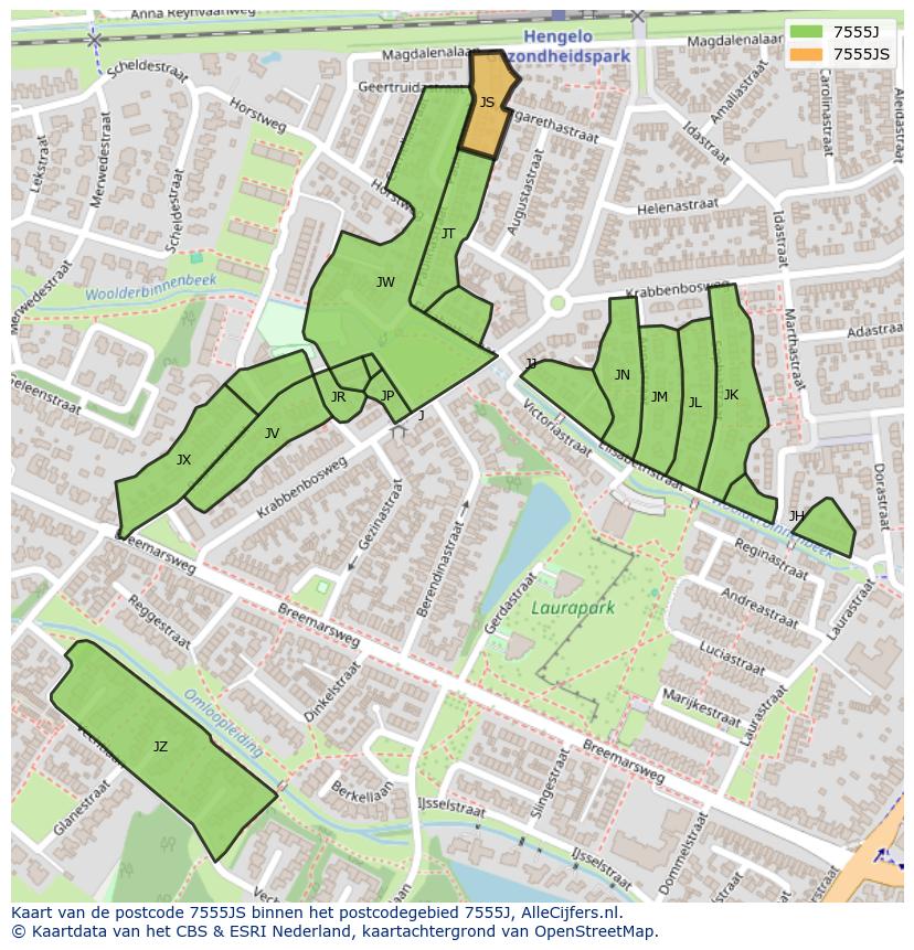 Afbeelding van het postcodegebied 7555 JS op de kaart.