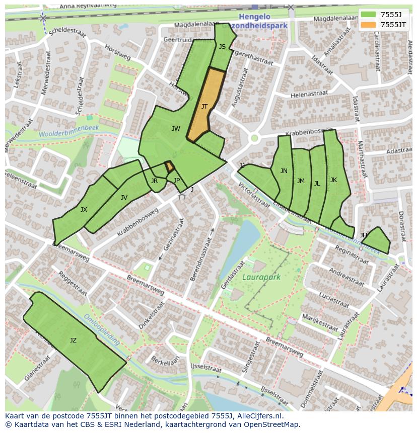 Afbeelding van het postcodegebied 7555 JT op de kaart.