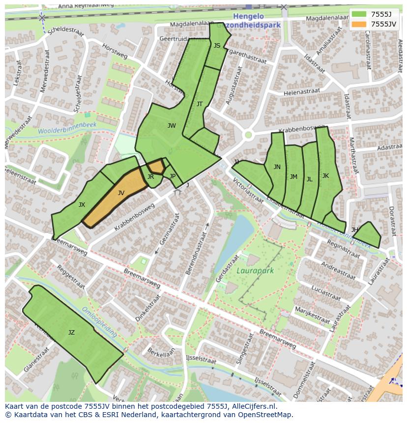 Afbeelding van het postcodegebied 7555 JV op de kaart.