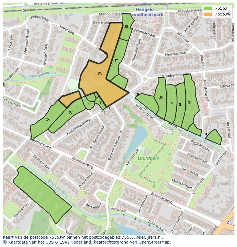Afbeelding van het postcodegebied 7555 JW op de kaart.
