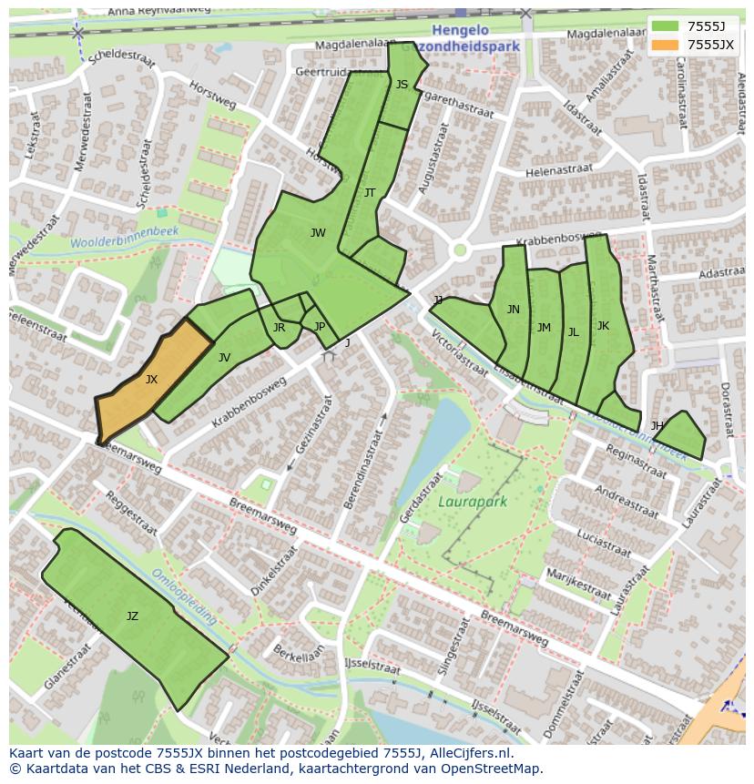 Afbeelding van het postcodegebied 7555 JX op de kaart.