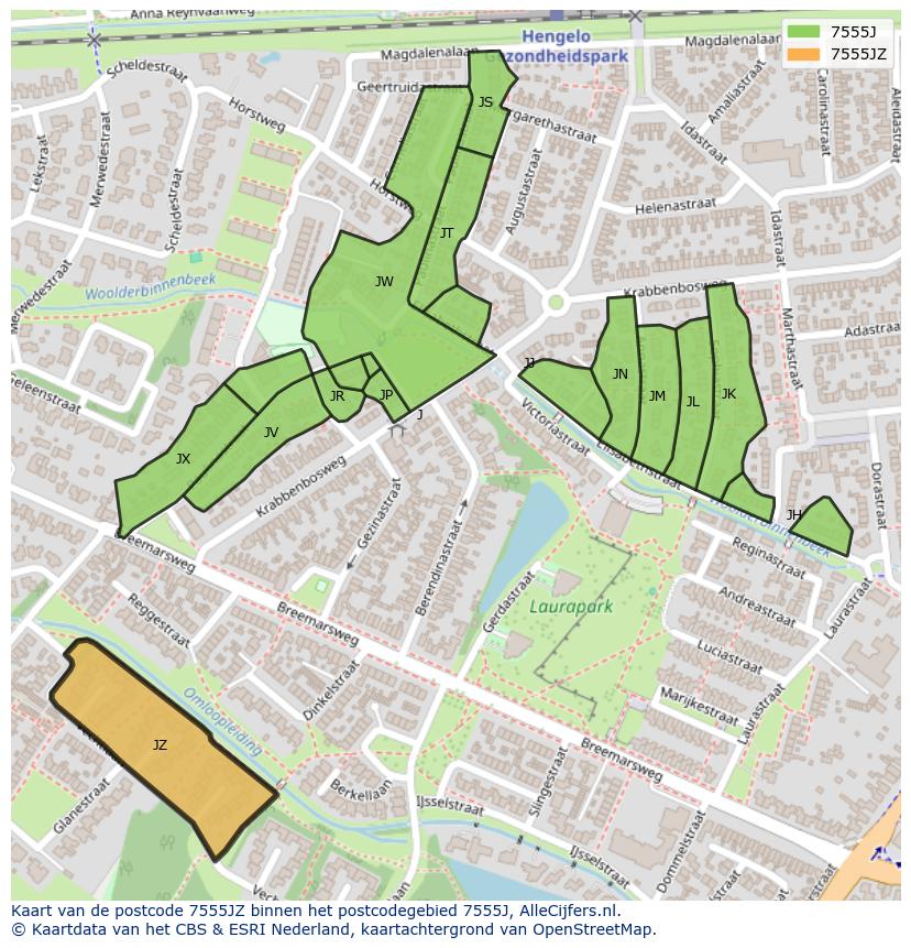 Afbeelding van het postcodegebied 7555 JZ op de kaart.