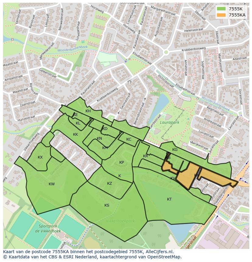 Afbeelding van het postcodegebied 7555 KA op de kaart.