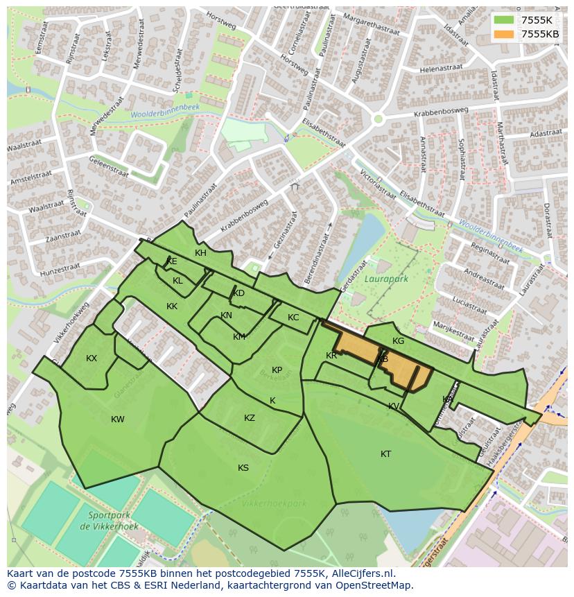 Afbeelding van het postcodegebied 7555 KB op de kaart.
