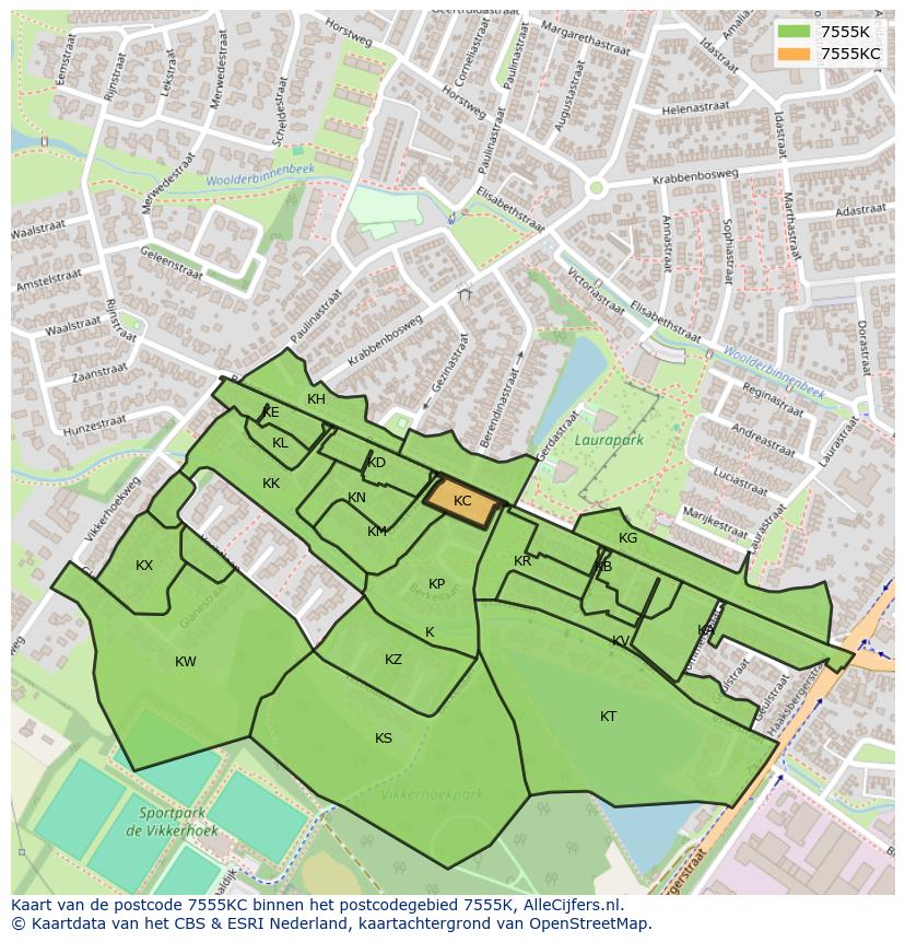 Afbeelding van het postcodegebied 7555 KC op de kaart.