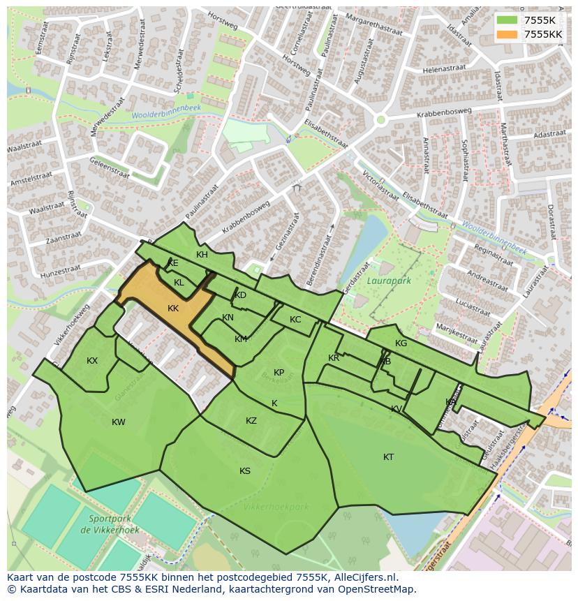 Afbeelding van het postcodegebied 7555 KK op de kaart.