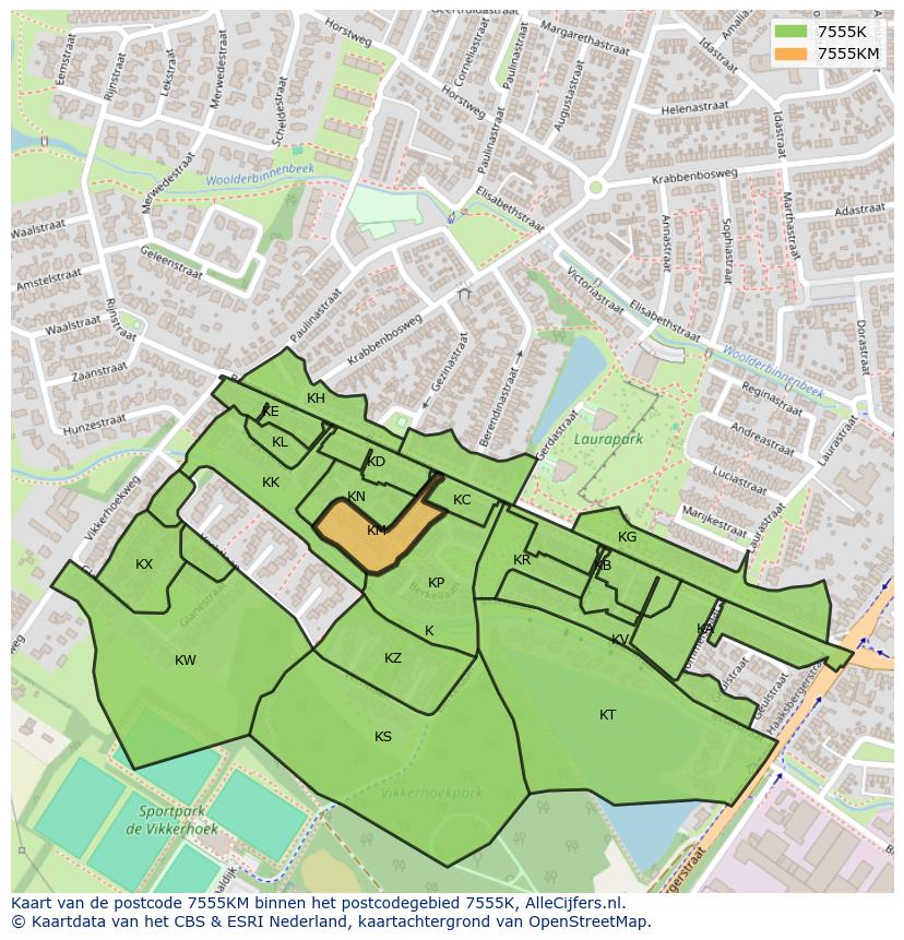 Afbeelding van het postcodegebied 7555 KM op de kaart.