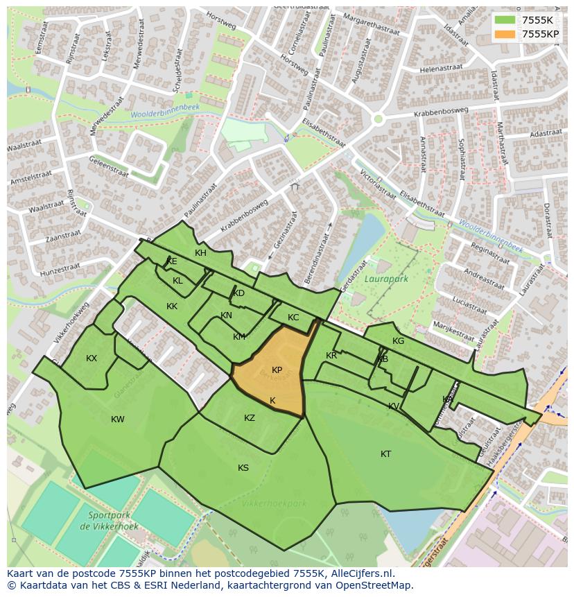 Afbeelding van het postcodegebied 7555 KP op de kaart.