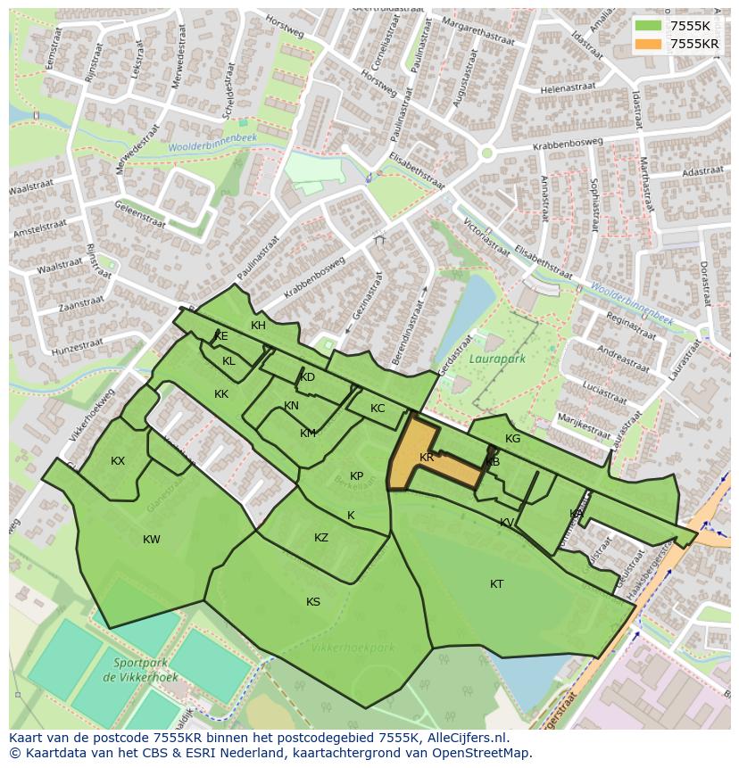 Afbeelding van het postcodegebied 7555 KR op de kaart.